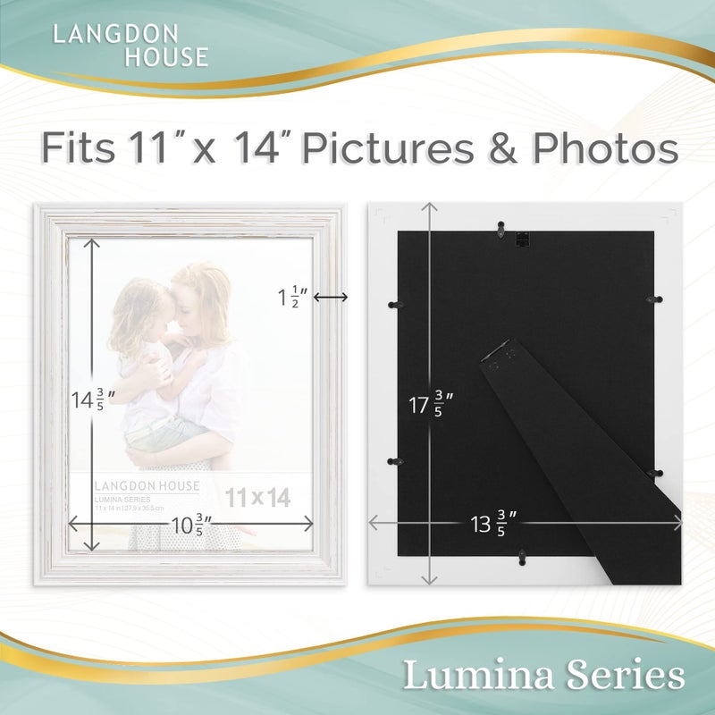 Langdon House 11x14 Real Wood Picture Frames (2 Pack, Weathered White - Gold Accents), White Wooden Photo Frame 11 x 14, Wall Mount or Table Top, Lumina Collection - Image 3
